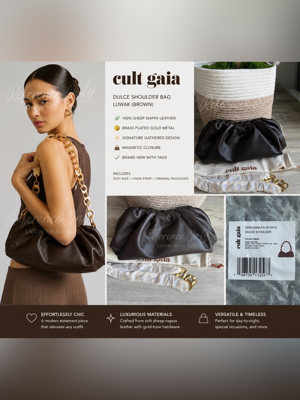 New Cult Gaia Dulce Shoulder Bag Luwak Brown Leather Gold Chain